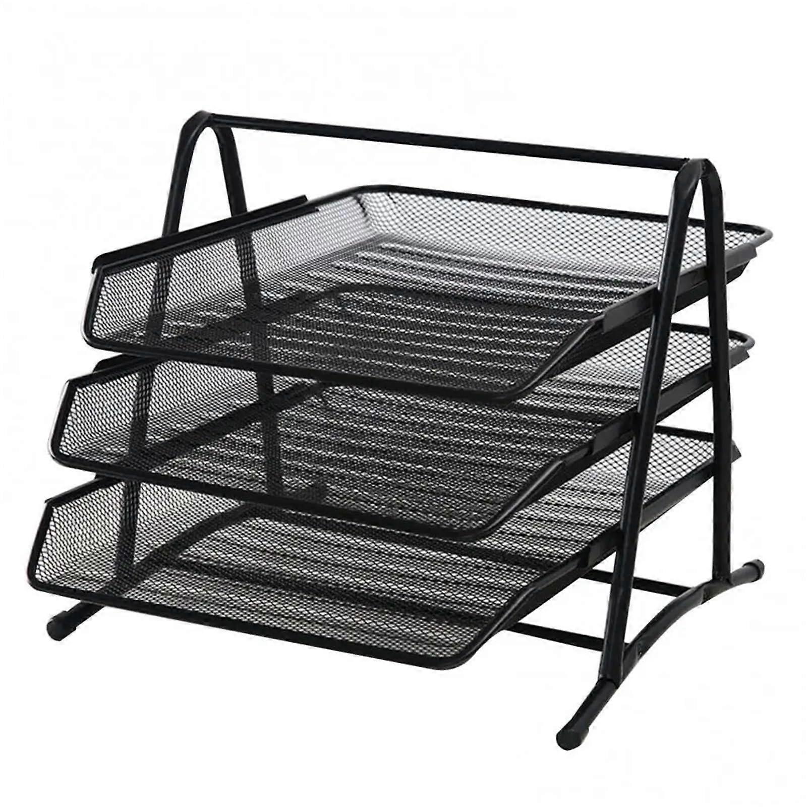 Metal Letter Organizer, 3-Tier Desktop File Holder, Rust-Free, Wide Entry, Black Storage Solution for Documents and Mail