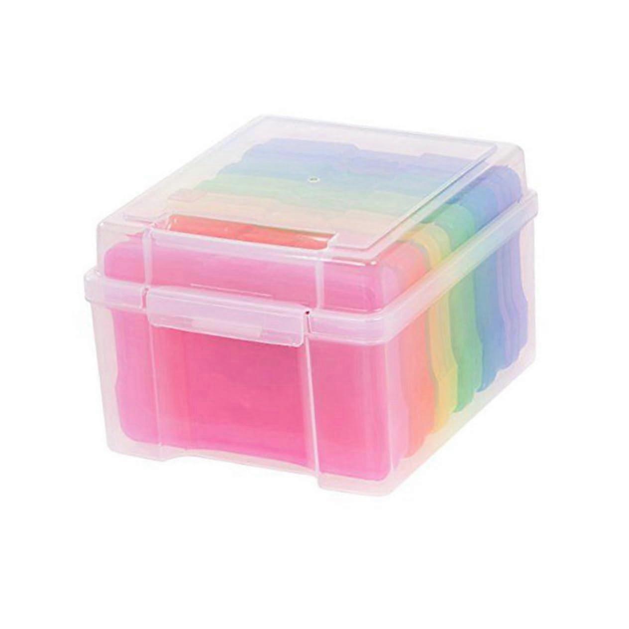 Storage box for photo greeting cards, plastic organiser box with adjustable dividers, stackable for cards, envelopes, postcards.