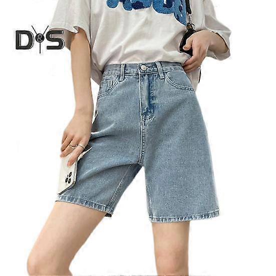 Women Knee Length Jeans Straight High Waist Zipper Button Closure Retro Pockets Solid Color Loose Lady Denim Shorts Casual Short Pants