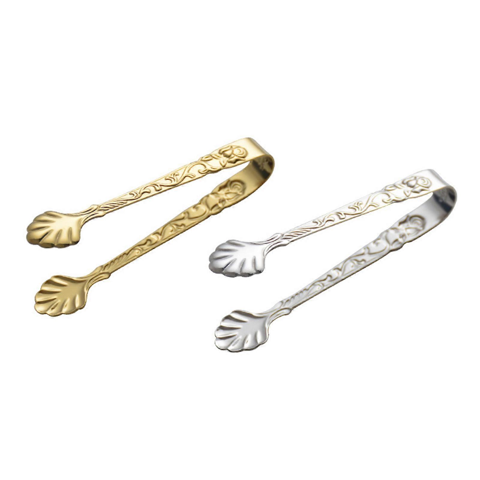 2 pcs. Stainless Steel Tongs 9cm/3.5 Inch Mini Serving Tongs With Rose Flower Embossed Silvery And Gold For Selling Ice Sugar TB