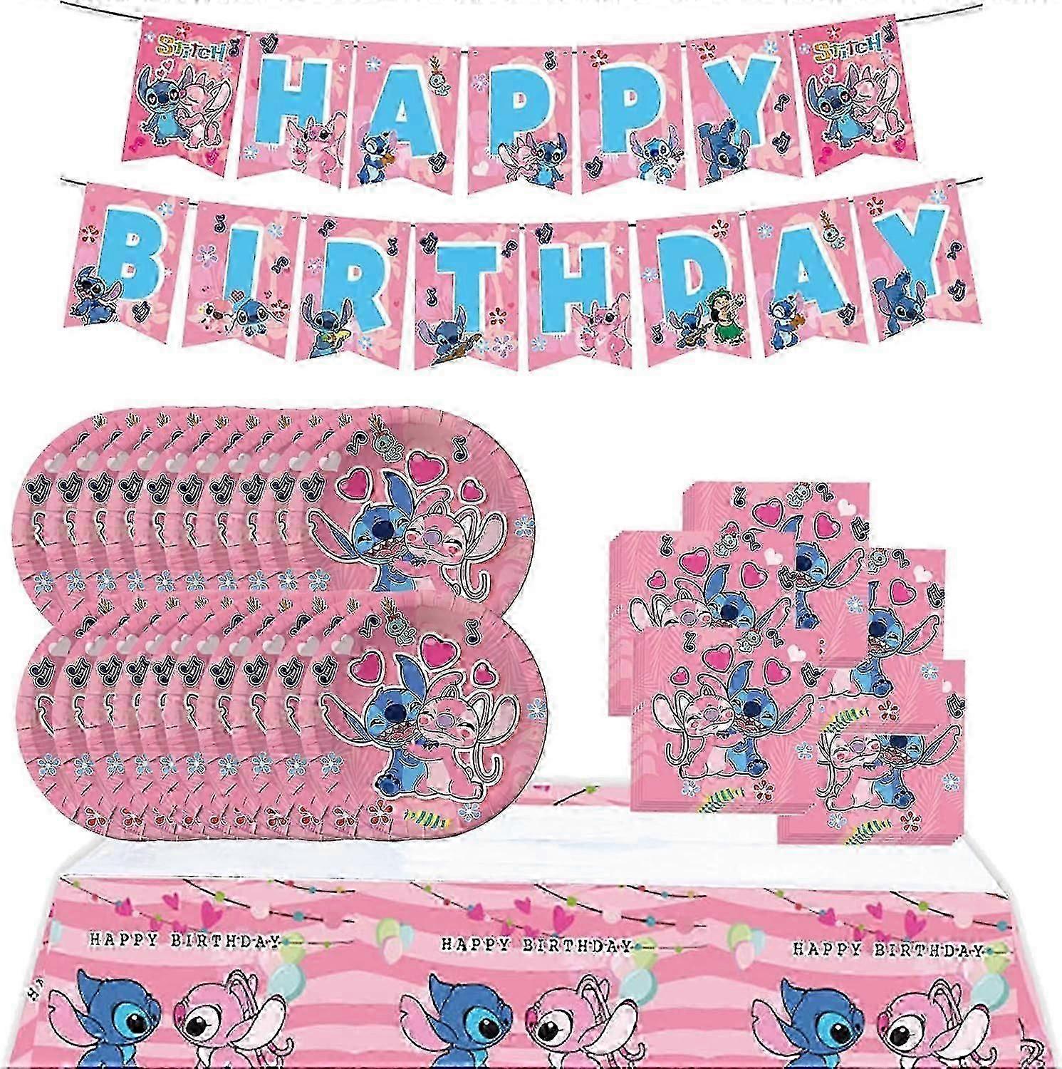 Pink Stitch Party Birthday Supplies, Cartoon Stitch Theme Party Tableware with Happy Birthday Banner, Tablecloth, 20 Disposable 7" Paper Plates
