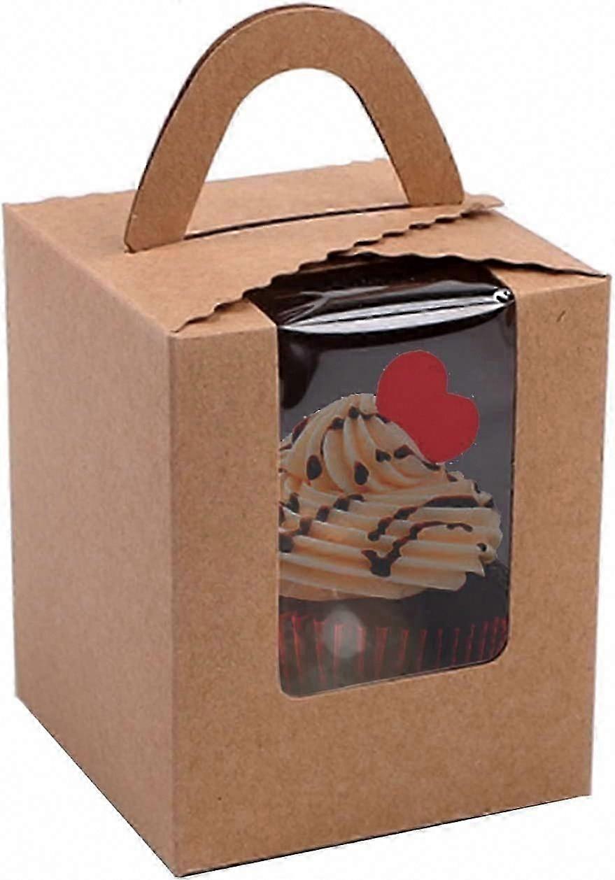 10 Pcs Kraft Paper Cupcakes Boxes,Portable Single Individual Cupcake Gift Boxes with Window Inserts Handle gift box