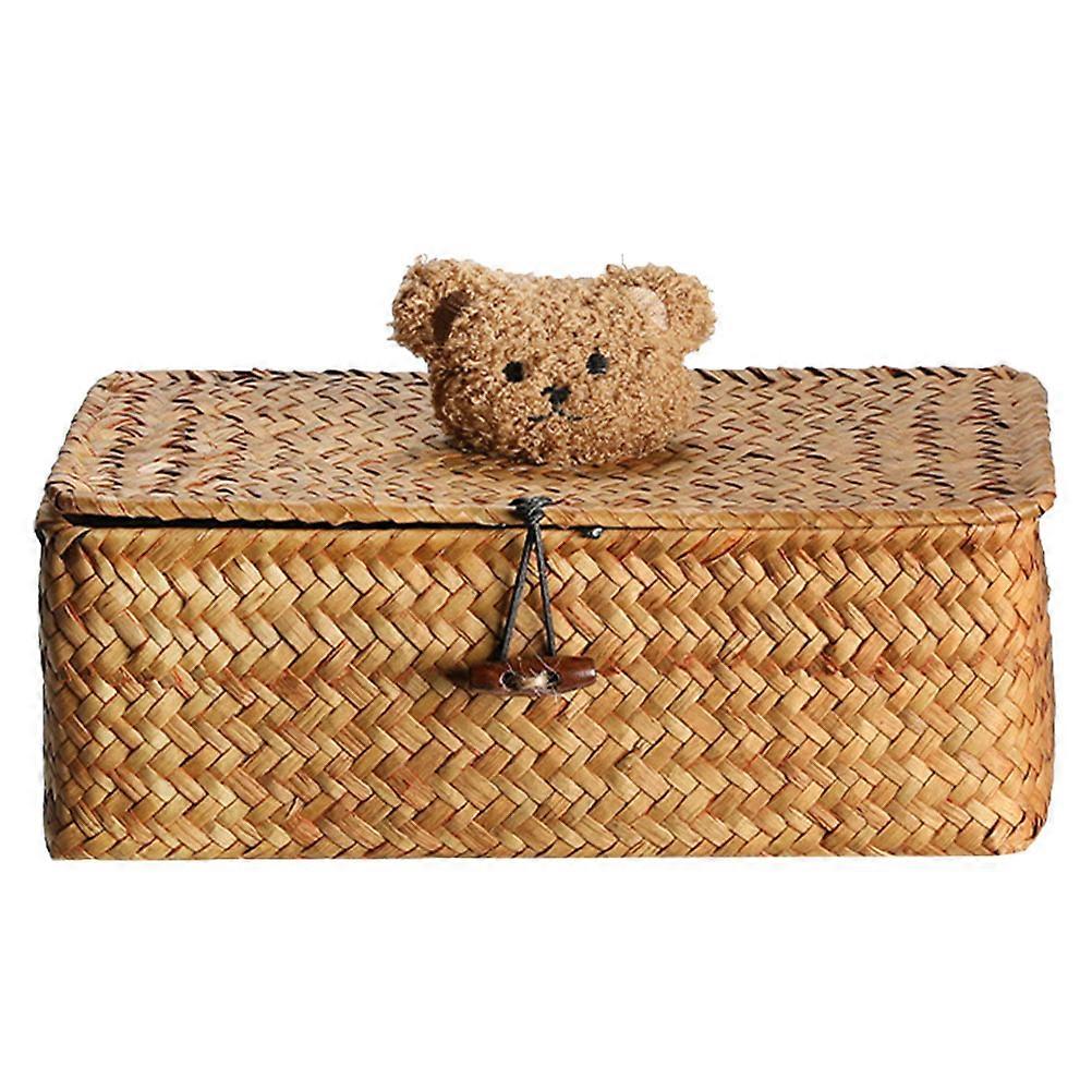 Handmade Woven Storage Bin with Lid Durable Straw Organizer for Car and Desktop Essentials
