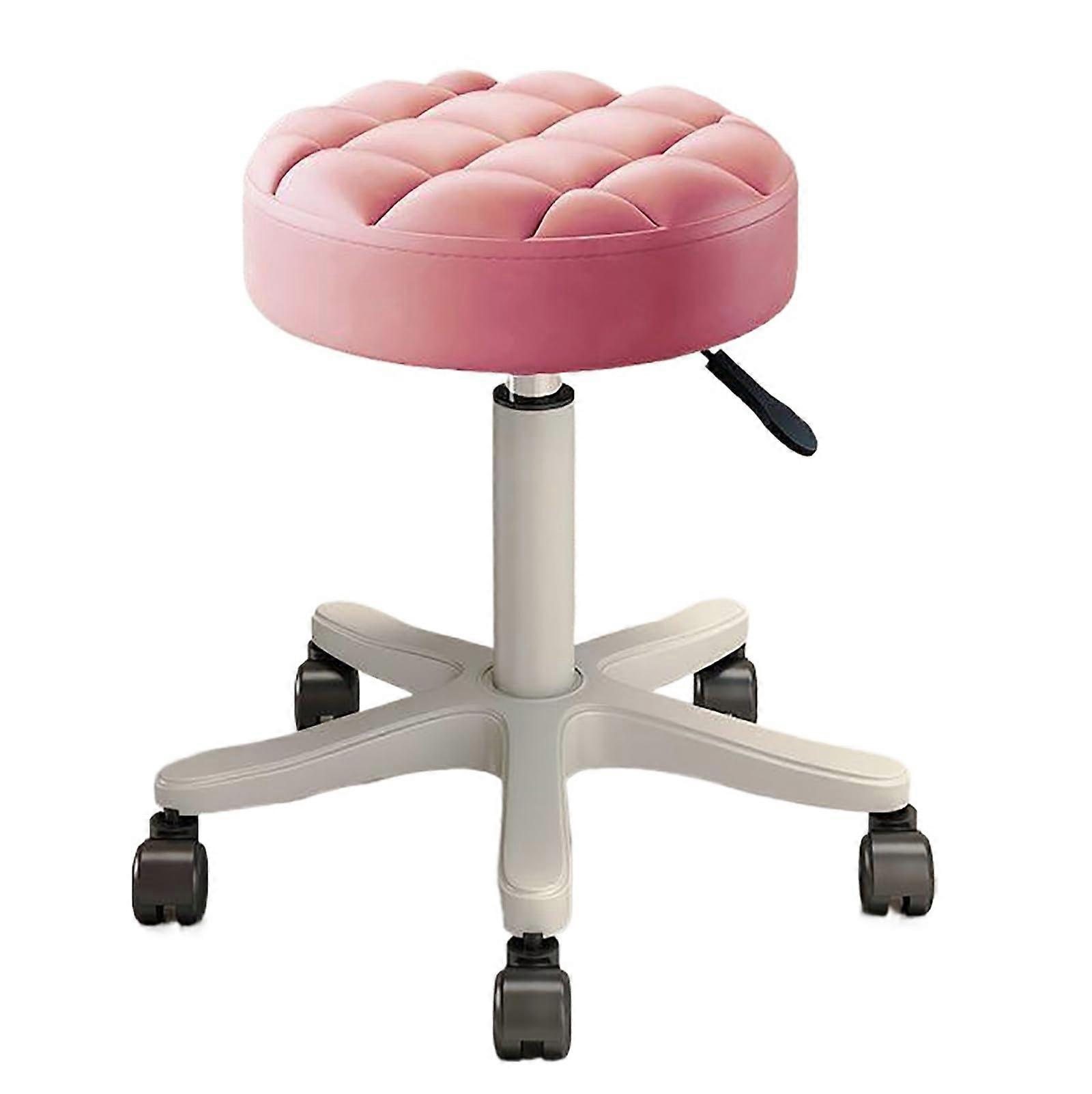 Rolling Stool With Wheels PU Leather, Height Adjustable Swivel Stool, Multi-Purpose Spa Bar Stool, Pink 28x28x48cm