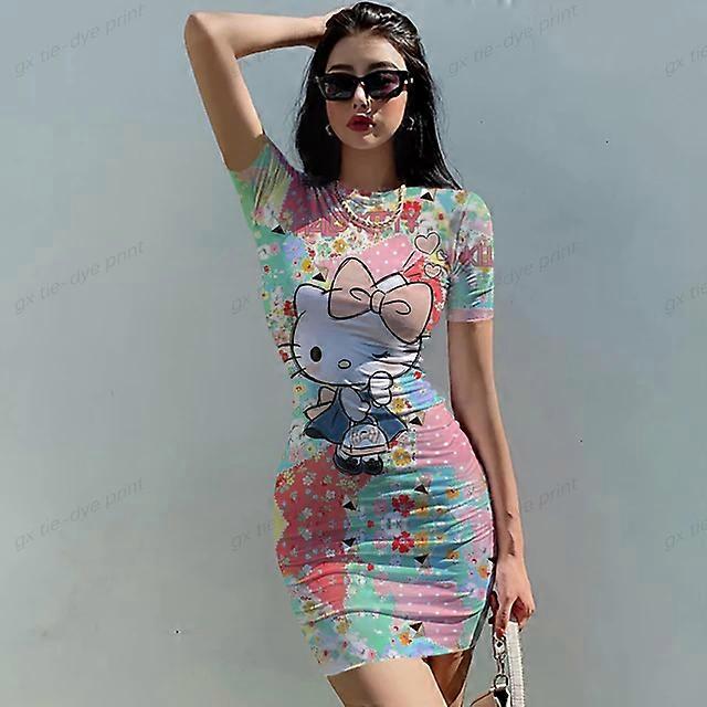 Mini robe sexy �� manches courtes pour femmes, robes imprim��es Hello Kitty, tambour, bo?te de nuit, f��te d'anniversaire, vente en gros, print