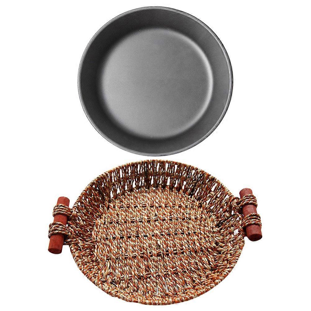 Iron Steak Plate Round Serving Dish for Kitchen Utensil Made of Iron and Rattan Basket with Non-Stick Function 1 Set