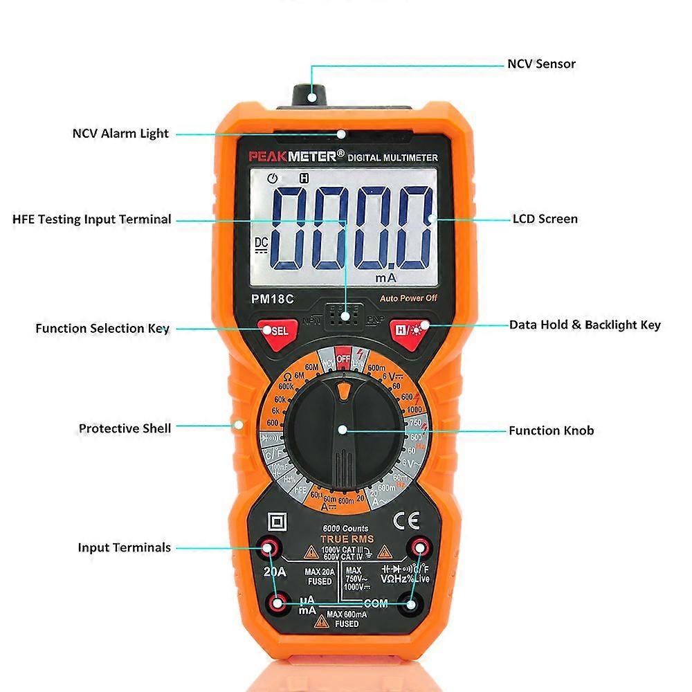 PEAKMETER PM18C True RMS Multifunctional Digital Multimeter Measuring AC/DC Voltage Current Resistance Capacitance Frequency Temperature hFE NCV Live 
