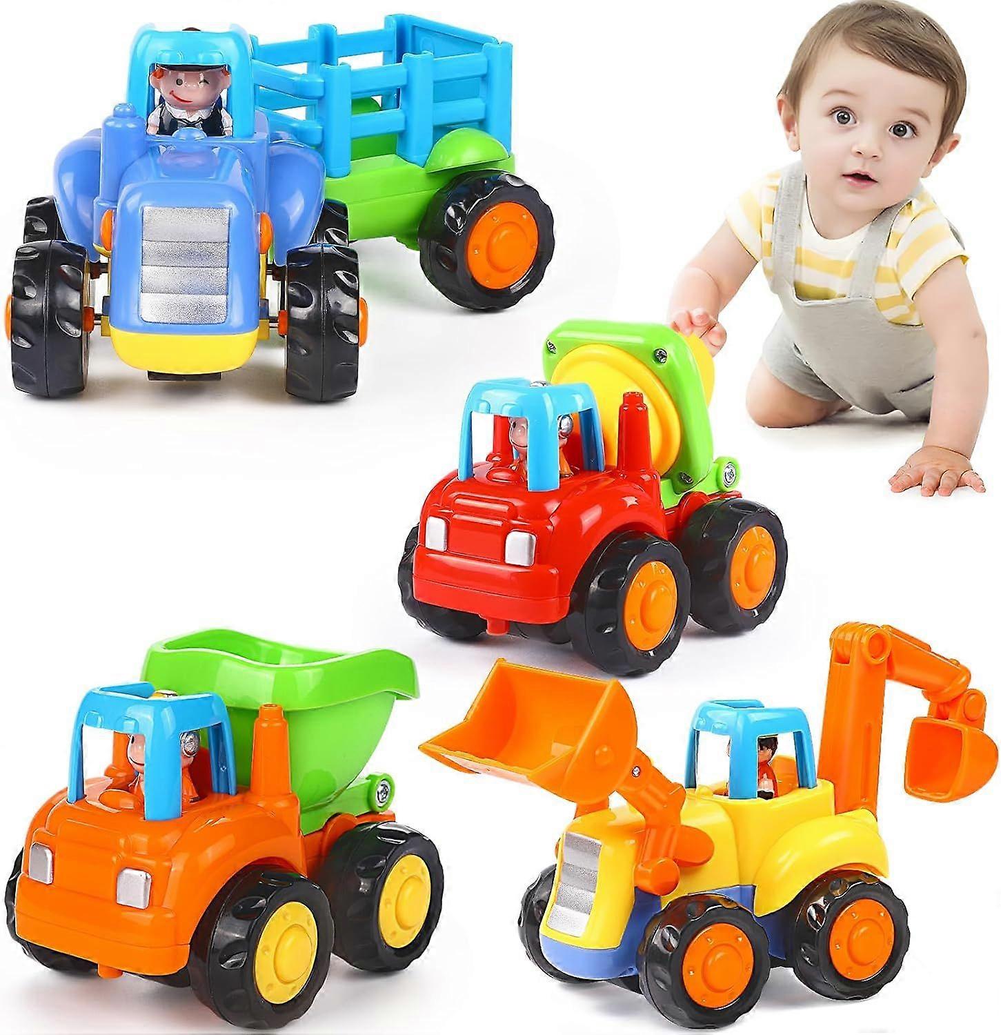 4PCS Friction-Powered Engineering Vehicle Set Inertia Push-and-Go Toy Cars (Tractor/Bulldozer/Dumper/Cement Mixer) - Early Educational Gift for Toddle
