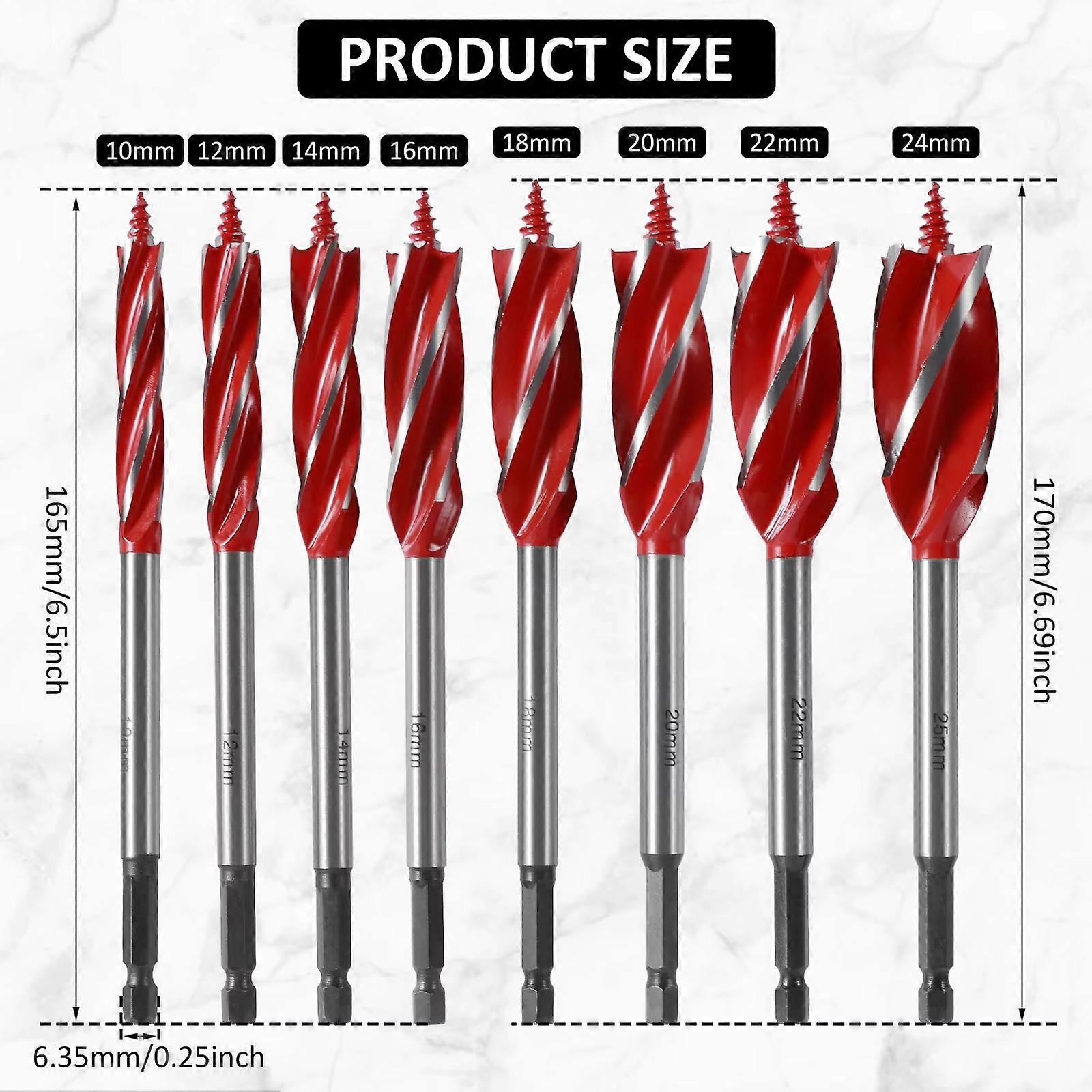 8Pcs 10-25mm Woodworking Twist Drill Bit Set Four Slot Four Blade Woodworking Support Drill Auger Drill Bits Reaming Drill Bit