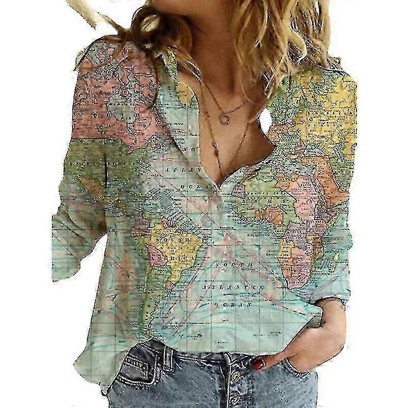 Women's World Map Design Cotton Linen Comfortable Solid ColorShirt