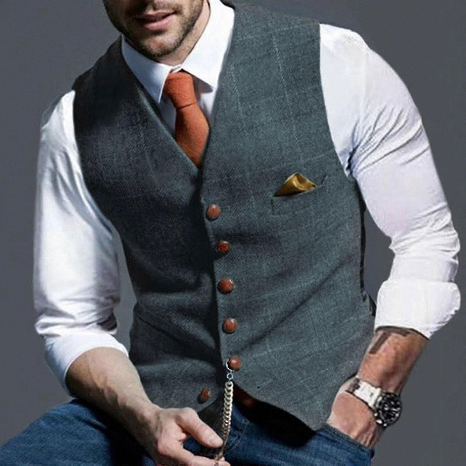 Slim Fit V-neck Waistcoat for Men Business Formal Vest with Lattice Pattern Single-breasted Design