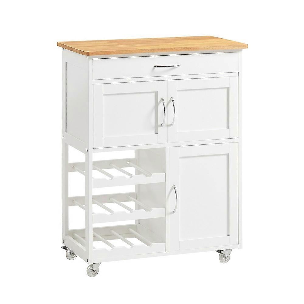 SoBuy FKW45-WN,Kitchen Tea Trolley with Rubberwood Top on Wheels Functional Serving Cart Rolling Storage Cart Kitchen Island with Wine Rack