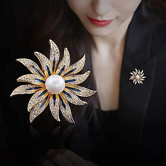 Broche Cœur Et Fleur Bleue Avec Strass - Métal Doré - Neuf Sans Emballage