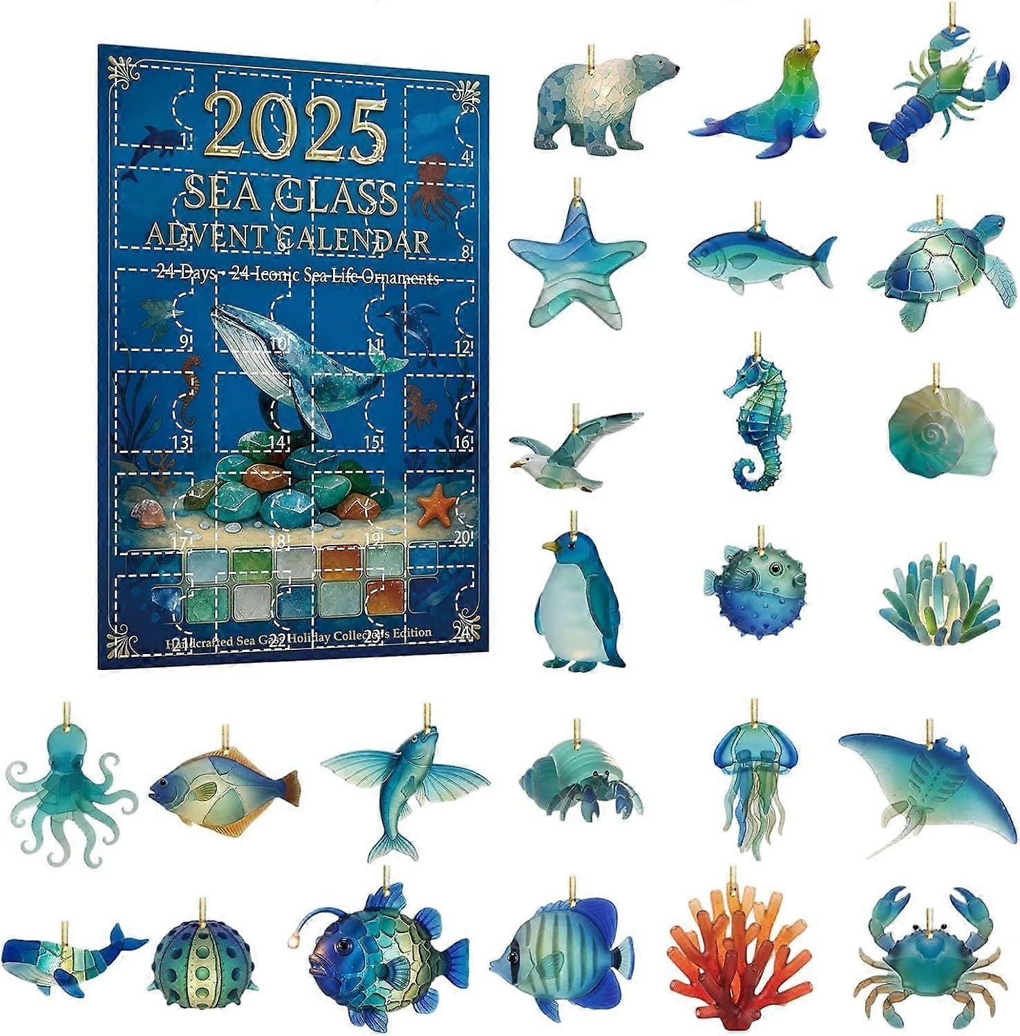 Calendrier de l'Avent marin en verre de mer 2025, calendrier de l'Avent de 24 jours sur le thème de l'océan avec décorations d'animaux marins en acrylique plat 2D pour une maison côtière