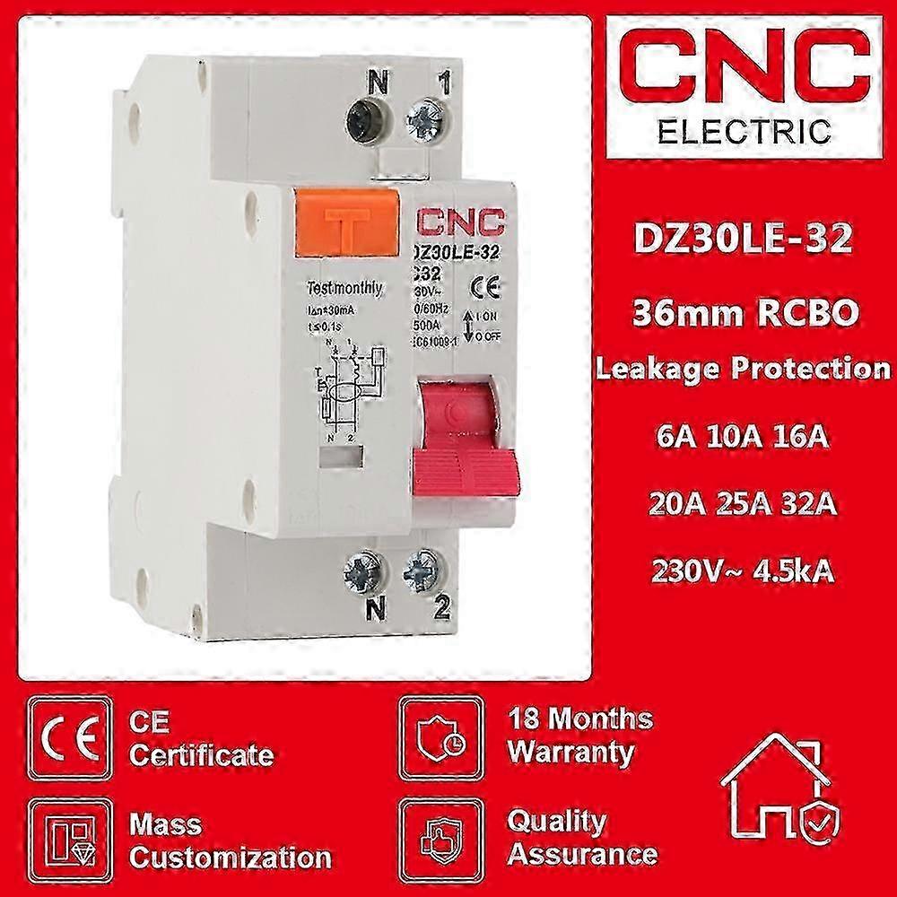 CNC DZ30LE-32 RCBO 1P+N MCB 230V 36mm Residual Current Circuit Breaker with Over and Short Current Leakage Protection 16A 32A