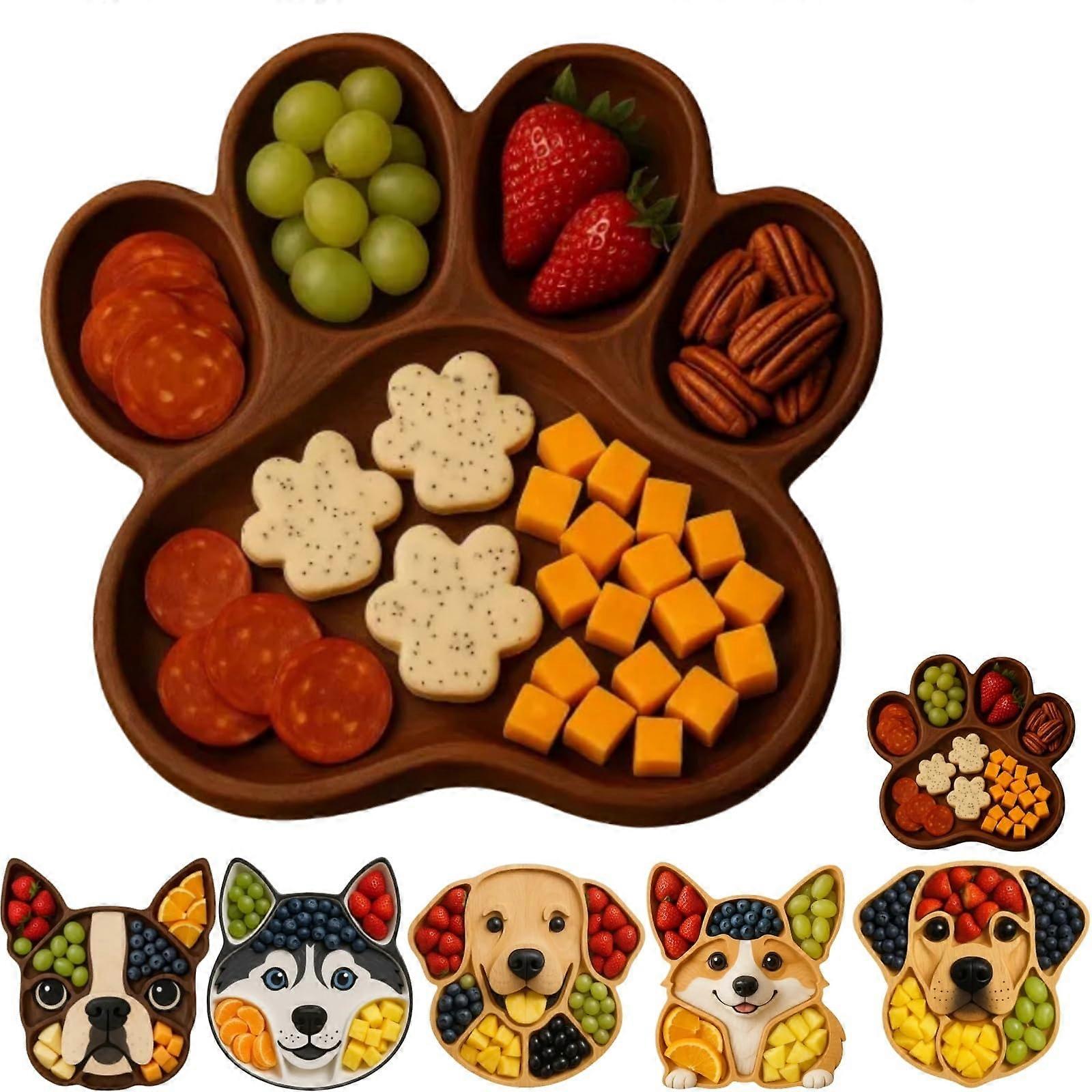 Dog Shaped Charcuterie Board with Segmented Serving Zones, Wooden Paw Tray for Cheese and Meat 11x11
