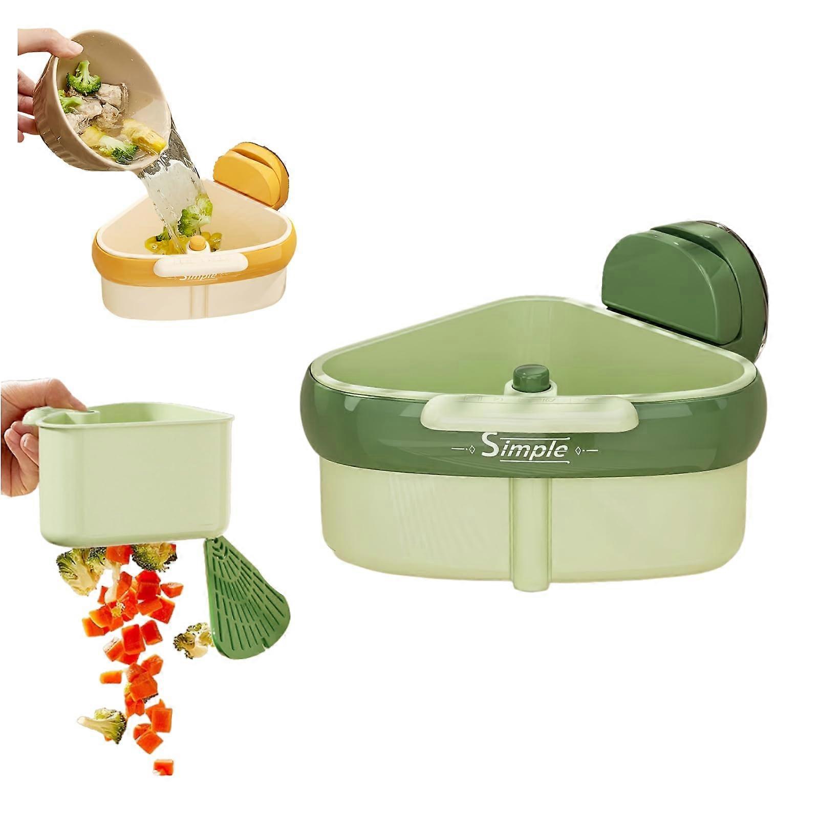 Corner Sink Strainer with Suction Cup, Triangular Basket for Food Waste and Sponge Holder, Green