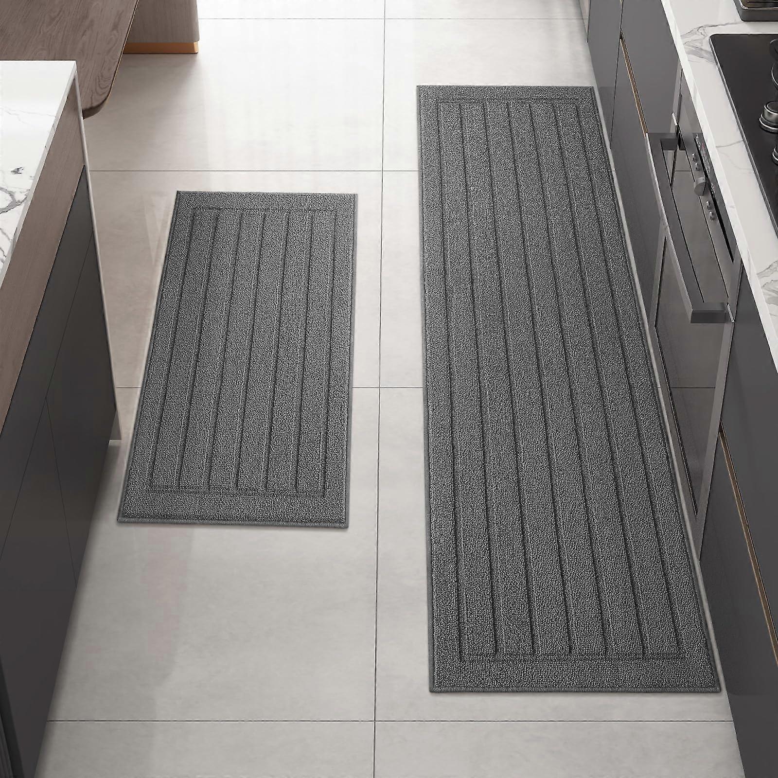 Kitchen Rugs Set of 2 Grey Striped Non Slip TPE Backing Absorbent Low Profile Washable Mats