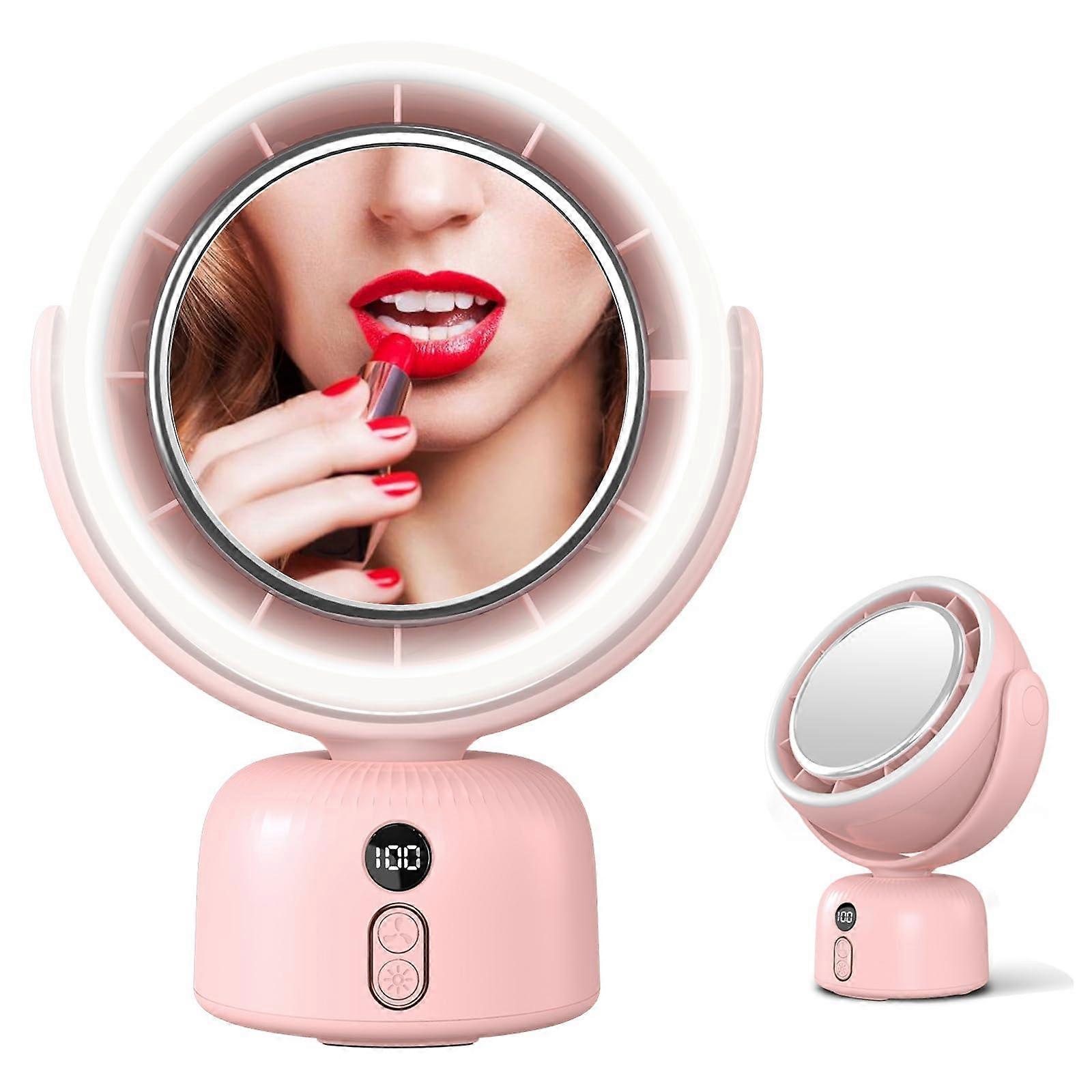 Portable Rechargeable Table Fan with LED Vanity Mirror, 5 Speeds, 6000mAh, 3Level Dimming, Pink