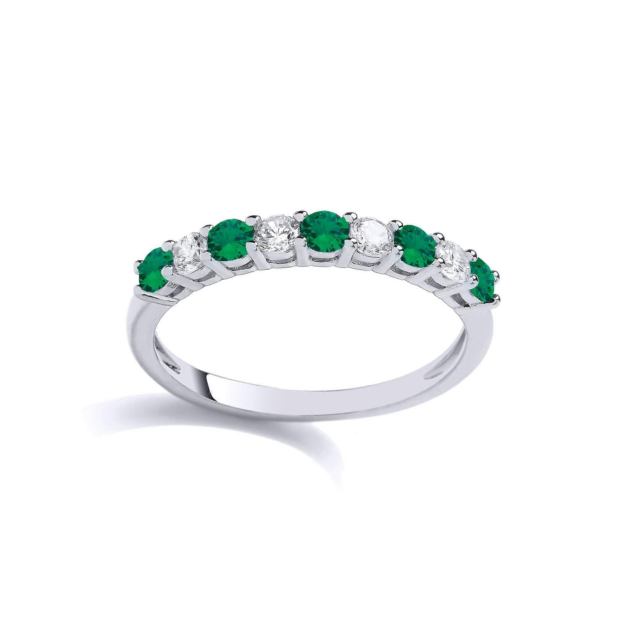Jewelco London Ladies Rhodium Plated Sterling Silver Green CZ Alternating 9 Stone Half Eternity Ring