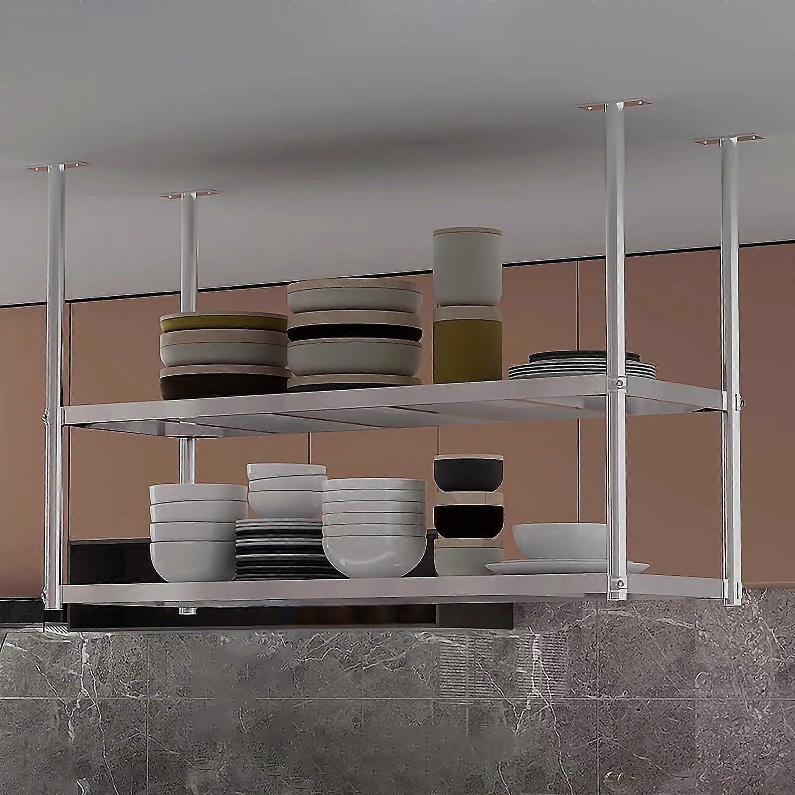 Ceiling Mounted Shelf, 2 Layer Stainless Steel Hanging Storage Rack for Kitchen, Dining Room, Silver