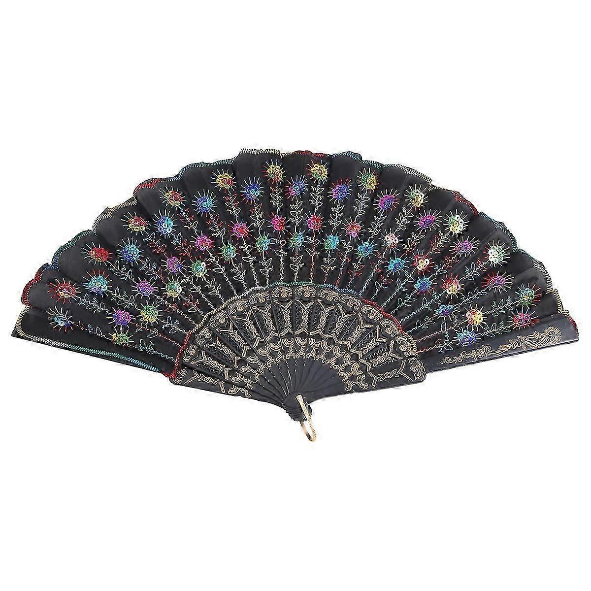 Colored Embroidered Flower Pattern Black Cloth Folding Hand Fan