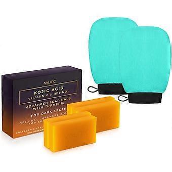 4 Pack Kojic Acid Vitamin C & Retinol Soap Bars for Dark Spot Bundle with 2 Turquoise Exfoliating Gloves for Body Scrubs