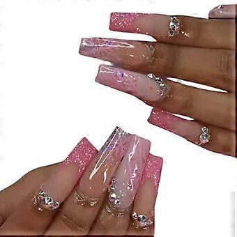 24 stuks Pers op Nagels met Strass Ontwerpen Lange Nep Nagels met Nagel-Lijm Franse Valse Nagels Acryl Nagels voor Vrouwen