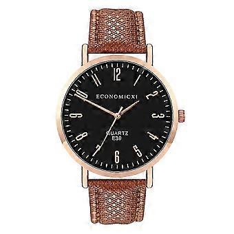 Women's Fashion PU Leather Quartz Watch Round Dial Black Brown Casual Wristwatch 2.5cm Width for Daily Wear