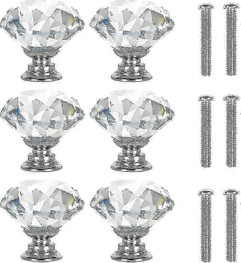 30mm Crystal Door Knobs With Screws. Set Of 6 Cabinet Knobs In Clear Crystal