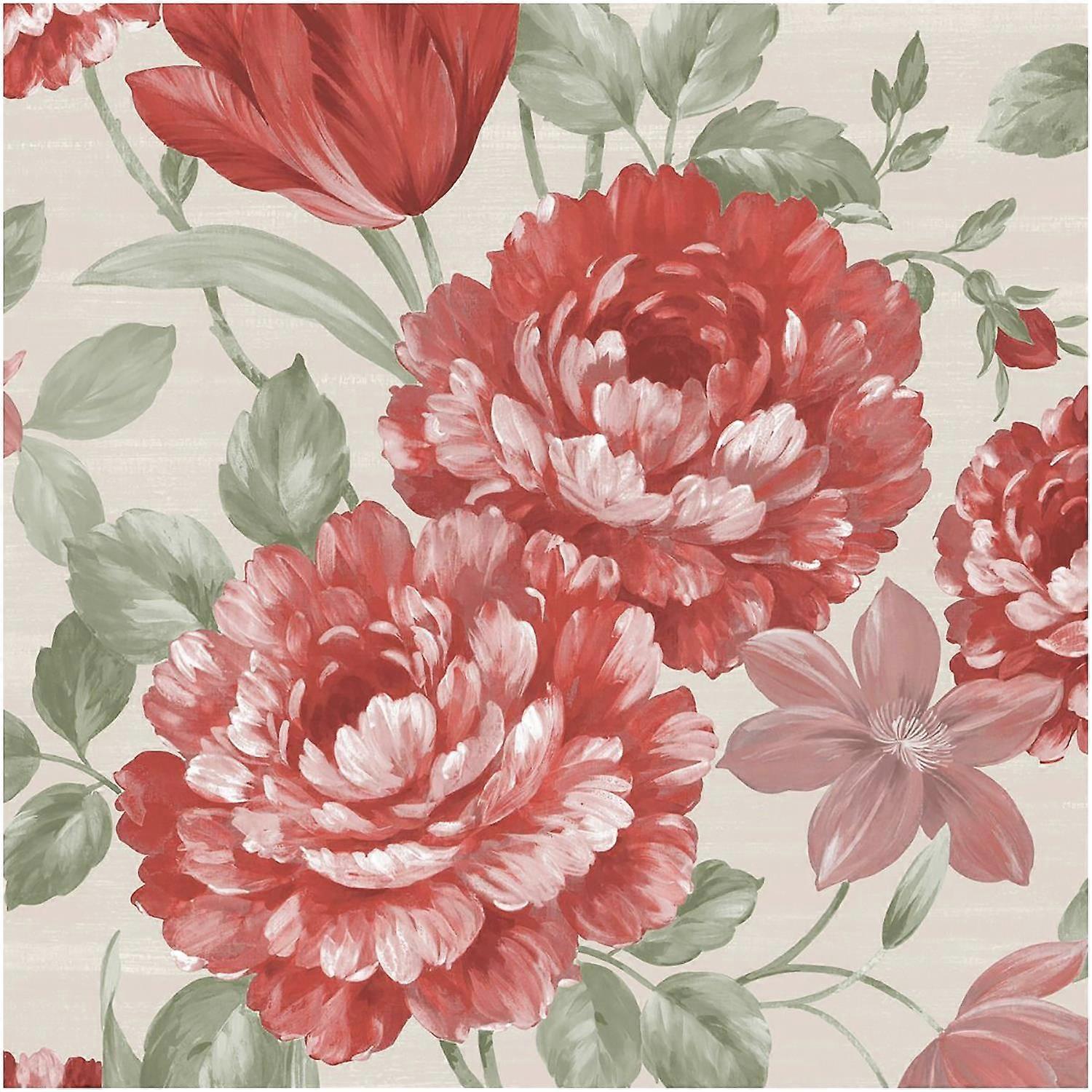 Fayre Floral Red Cream Wallpaper