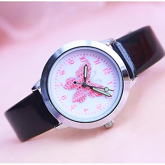 Veeki Niedliche rosa Schmetterling Cartoon Kinderuhr, Lederuhr Sport Quarz mit leuchtenden Zeigern, Geburtstagsgeschenk für Jungen und Mädchenschwarz