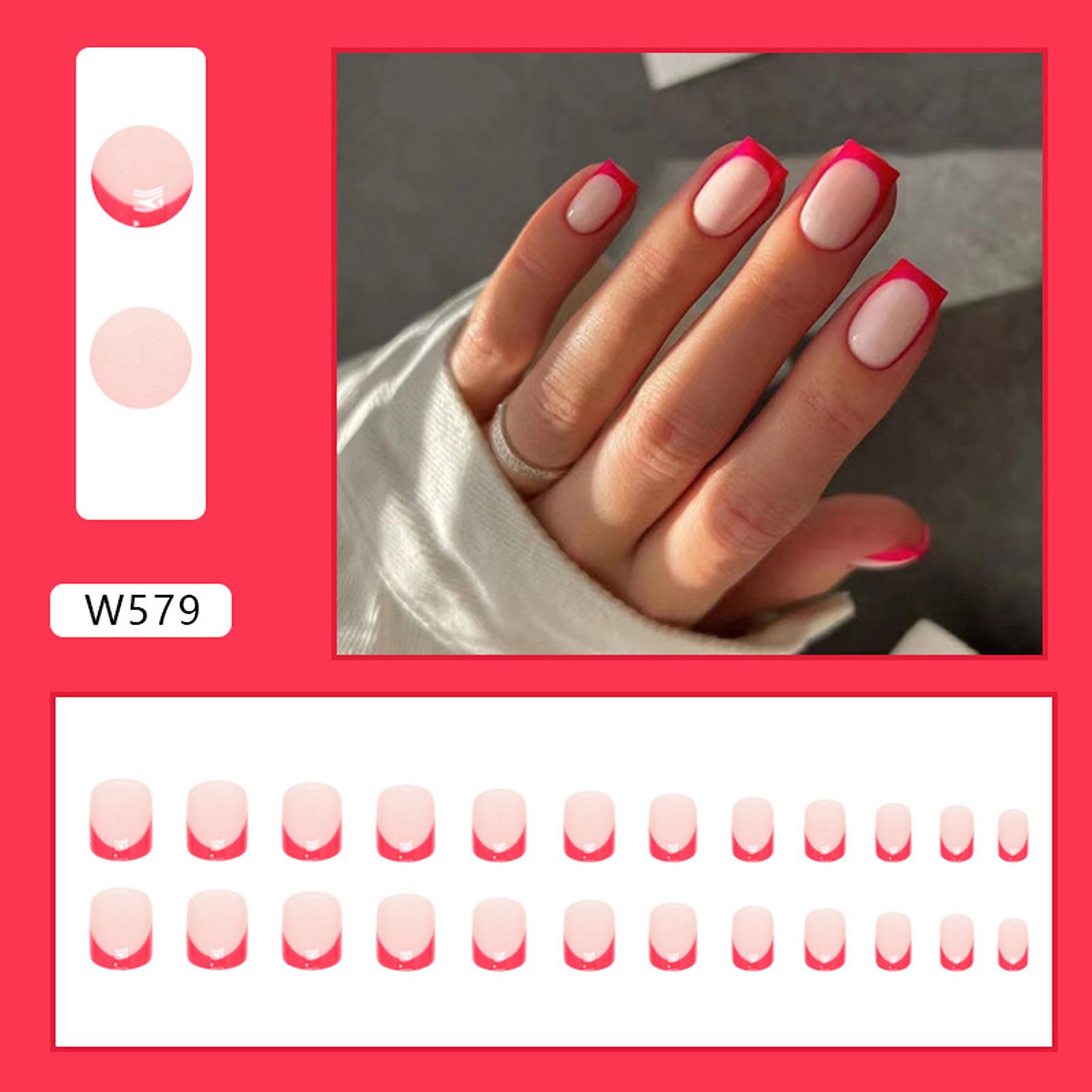 Pink With Rose Red Edge Square Fake Nails Charming Com