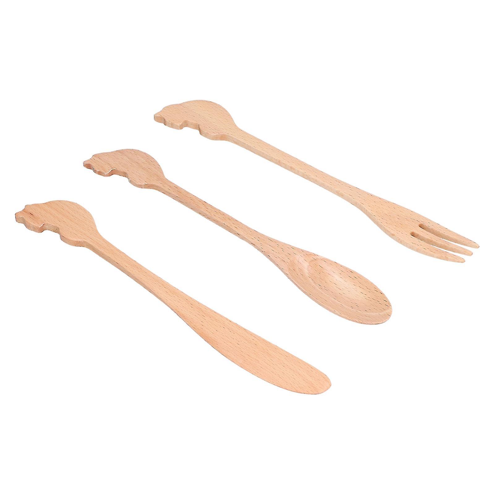 3pcs Wooden Tableware Set Beech Wood Spoon Fork Knife 21.5cm