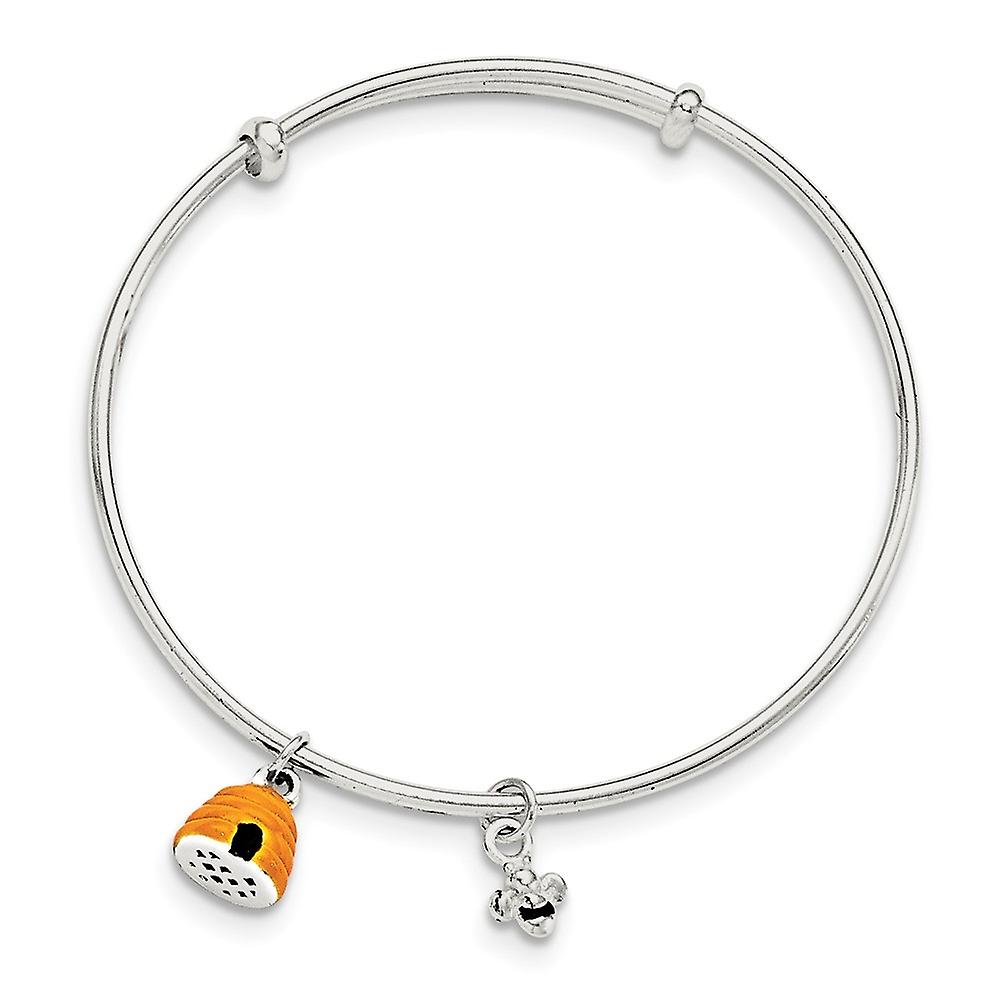 925 Sterling Silver Dangle Polished Adjustable Yellow and Black Enamel Bee And Beehive Bangle Bracelet 9mm Wide Cuff-Bra