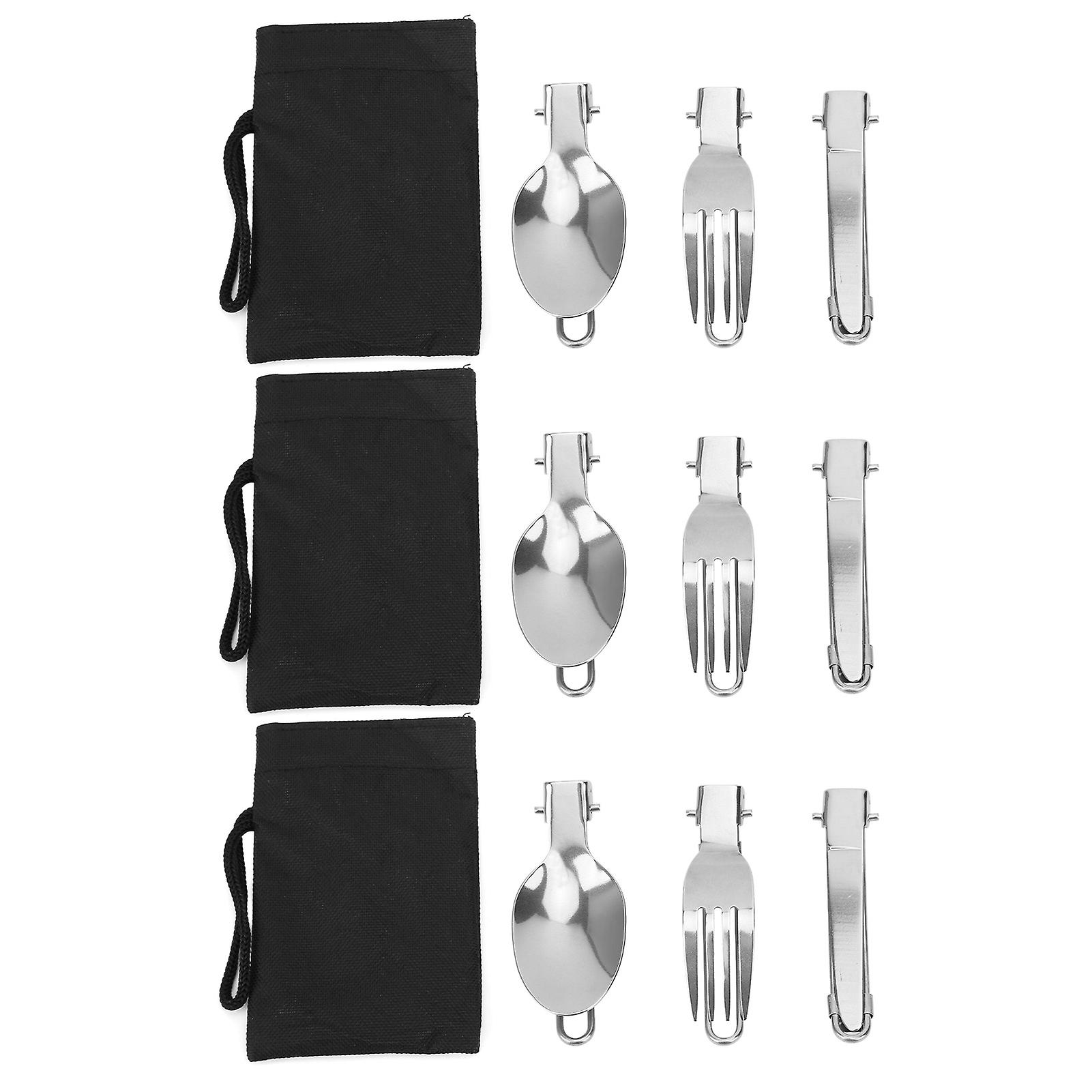 3 Set Stainless Steel Portable Folding Cutlery Set Spoon Fork Knife Picnic Dinner Flatware Compact Travel Utensils