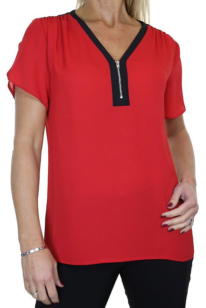 Women's Loose Zip V Neck Shirt Top Ladies Georgette Short Sleeve Casual Formal Business Office Evening Day Smart Blouse Size 8