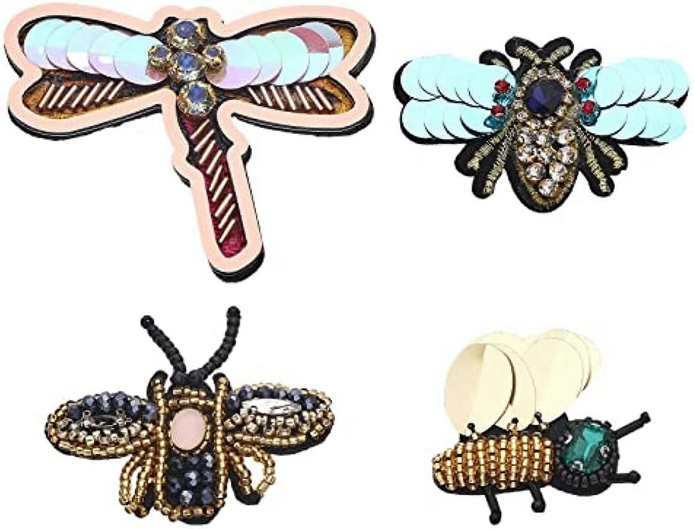 4Styles Bee Beaded Patches Insect Bee Sewing Patch Handmade Clothes Embroidery Applique Dragonfly Iron