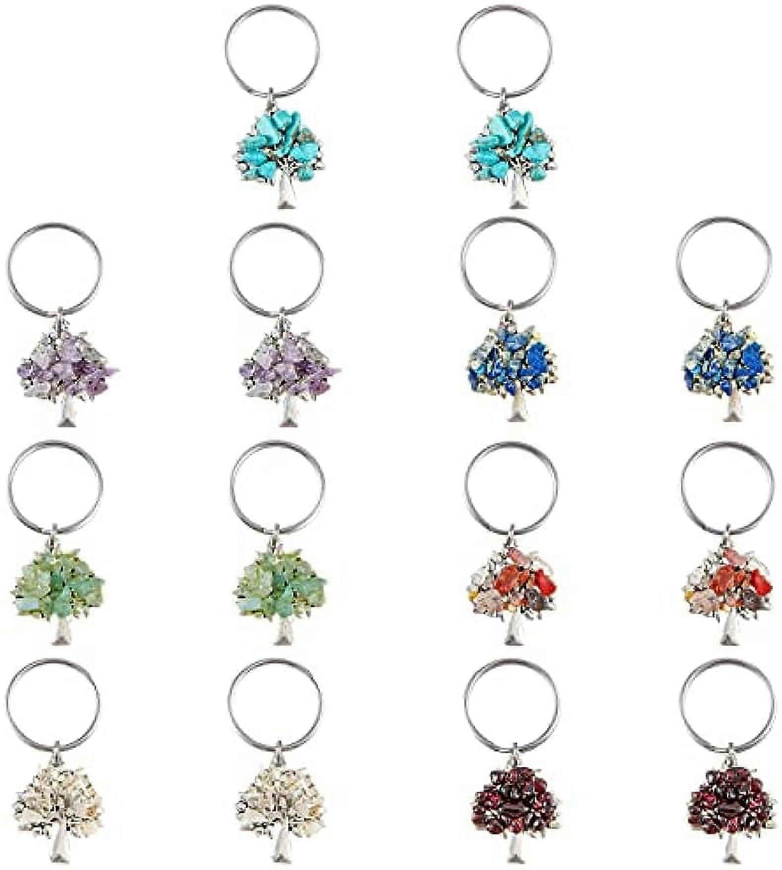 14Pcs 7 Styles Tree of Life Keychain Chip Gemstone Keychain Natural Crystal Stone Handmade DIY Keychain Pendant