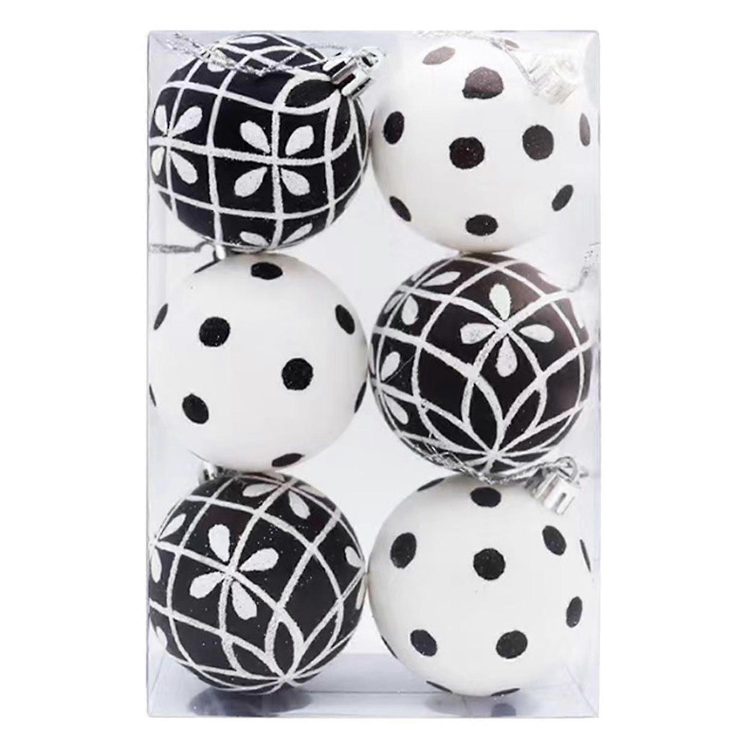 6Pcs Christmas Balls White Black Strip Hand-painted 6cm/8cm with Hanging Rope Home Decoration