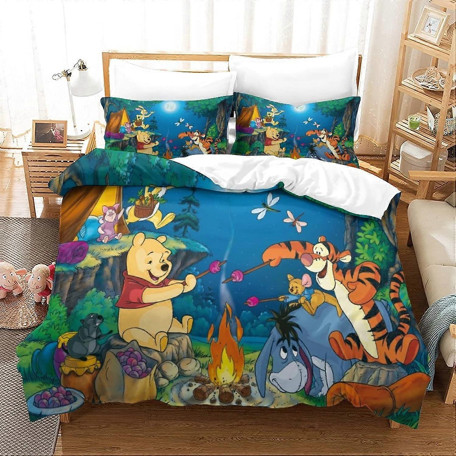 Winnie The Pooh Duvet Cover with Pillowcases Animated Characters Print Bedding with Zipper Closure Soft Microfiber Duvet Cover Single