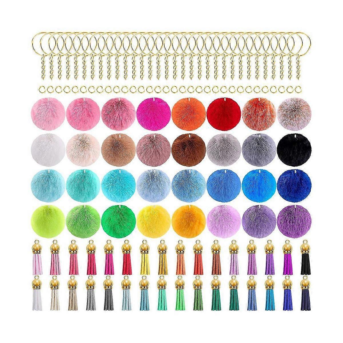 160 PCS Keychain Set Fluffy Balls Gold Key Ring Faux Fur for DIY Projects, Random Color