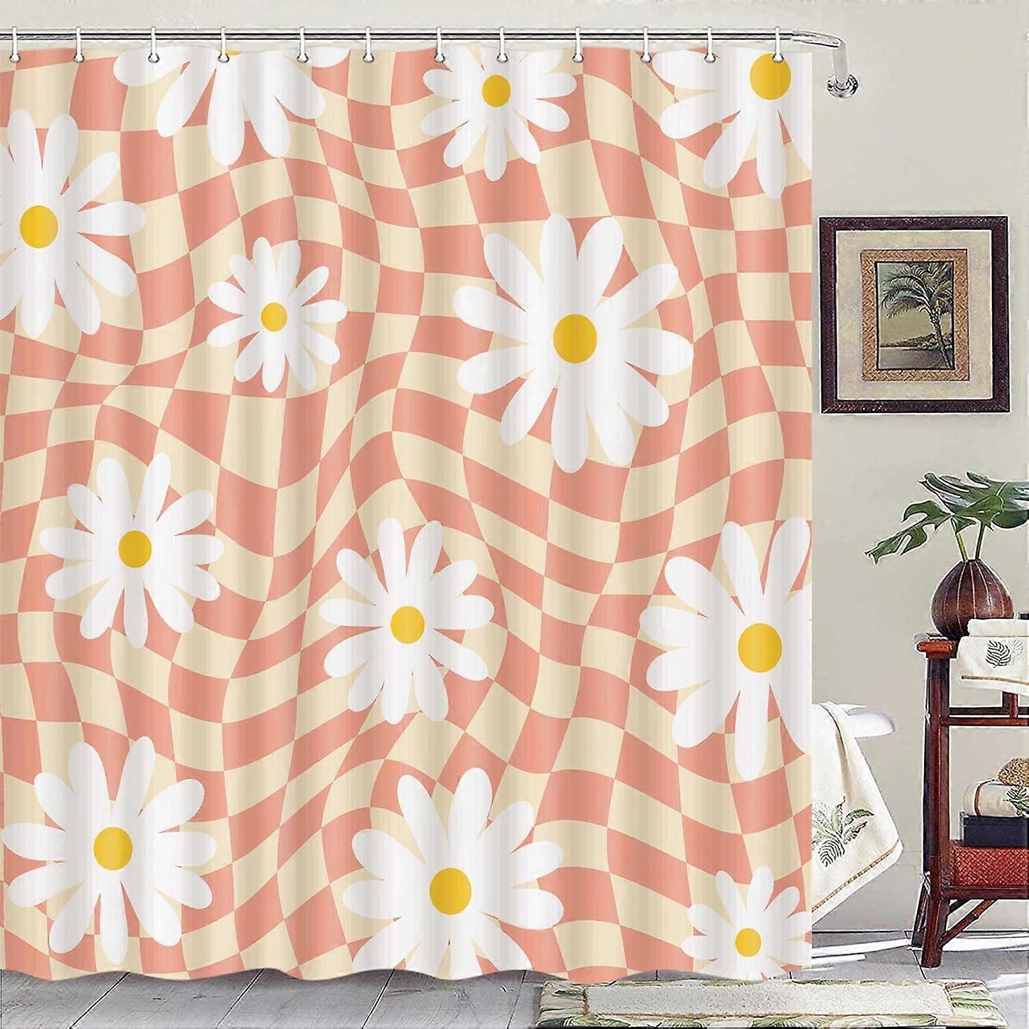 Retro Floral Yellow Checkered Vintage 70s Shower Curtain Hippie Colorful Groovy Minimal Aesthetic Fabric Bath Curtains Set Plaid Girls Washable Bathro