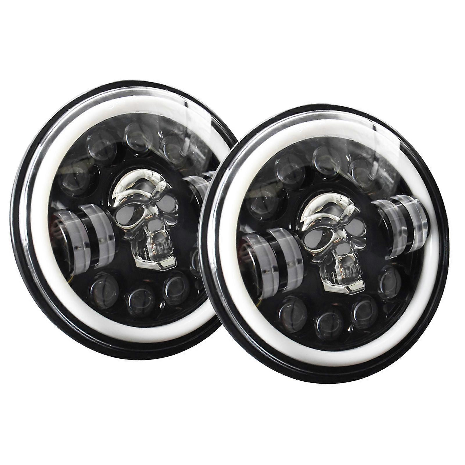 1Pcs 7 inch Round LED Headlight Skull Pattern LED Headlight with High/Low Beam Turn Signal DRL and Colorful Angle Eye Light