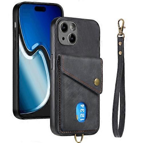 For iPhone 15 Retro Card Wallet Fold Leather Phone Case with Strap