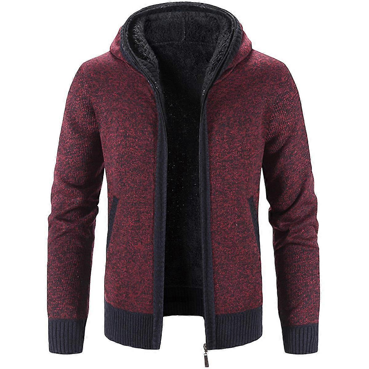 Vinterhætte tyk cardigan fleeceforet striktrøje til mænd