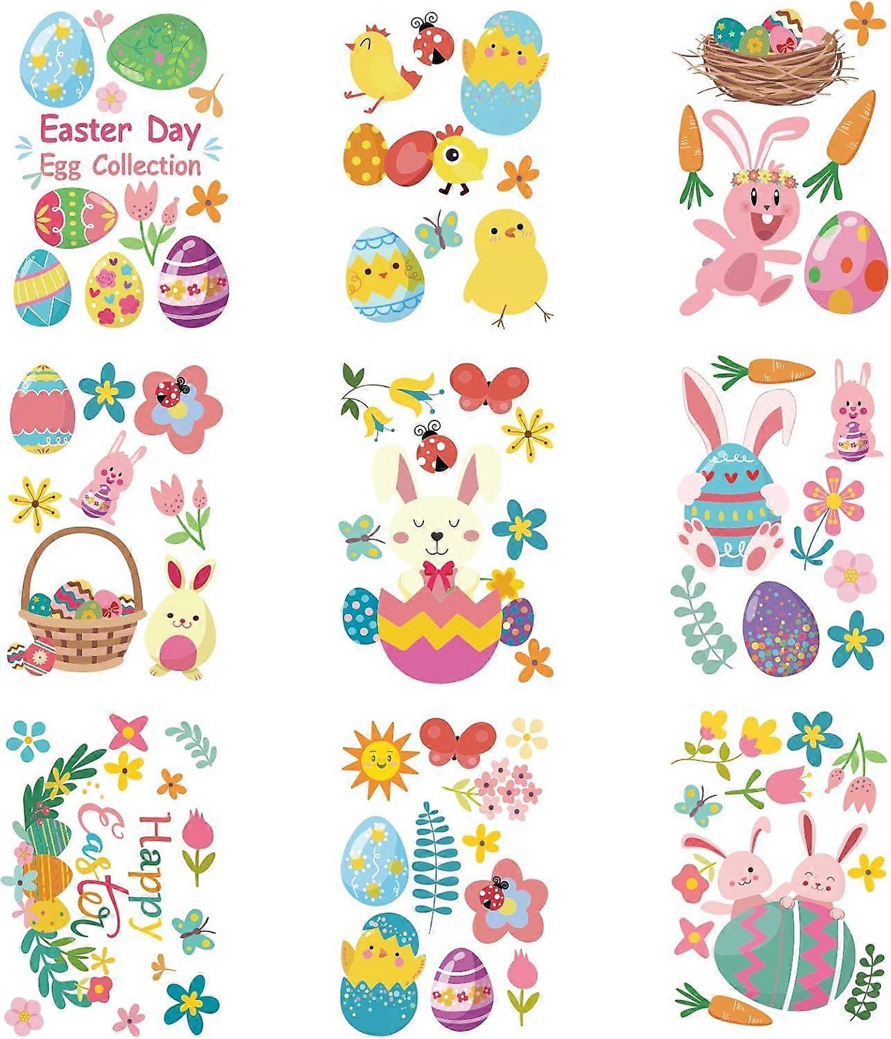 9 Sheets/Set Window Stickers Easter Theme Cute Bunny Pattern Colorful Window Clings Decals Self-Adhesive Sticker for Easter Party Wall Window Decor 14