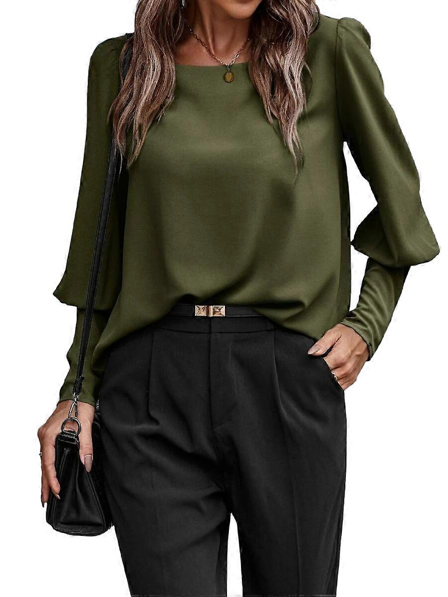 Women Blouses Long Lantern Sleeve O Neck Button Tops Loose Shirts Solid Army Green Color