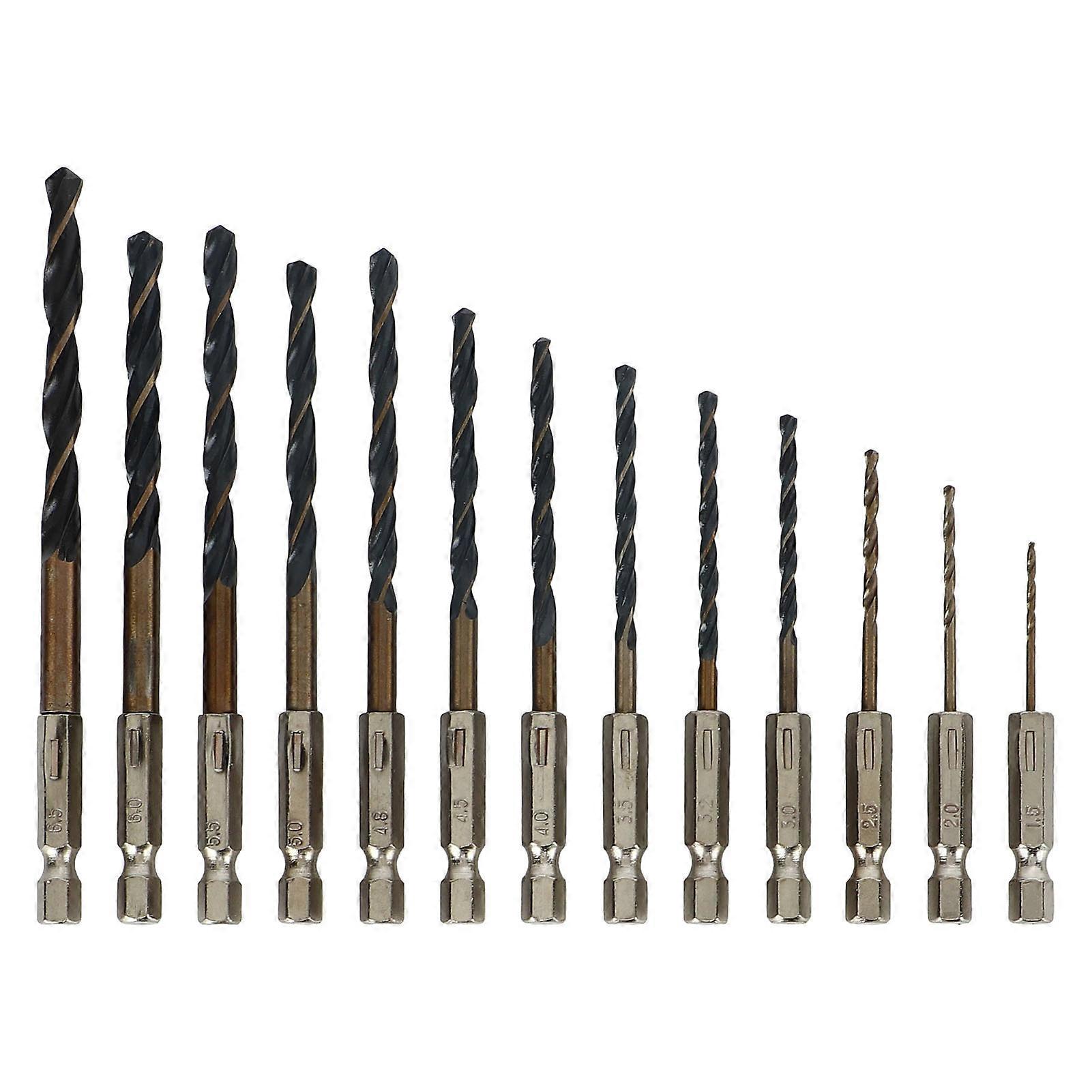 13Pcs Twist Drill Bit 1/4in Hex Shank 1.5?6.5mm Fast Change for Wood Plastic Metal
