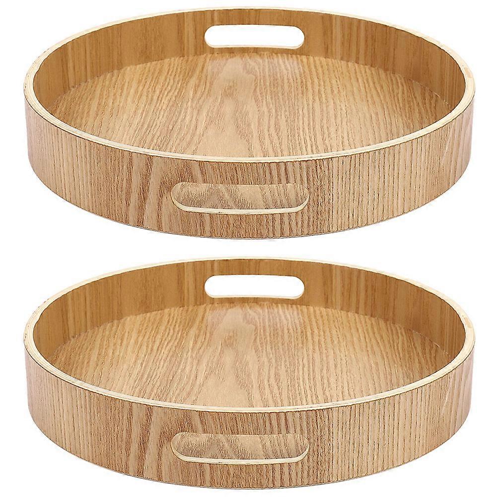 2X Round Serving Bamboo Wooden Tray for Dinner Trays Tea Bar Breakfast Food Container Handle Storag